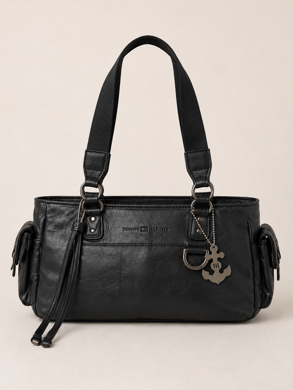 2004 Tommy Hilfiger Black Leather Shoulder Bag Y2K